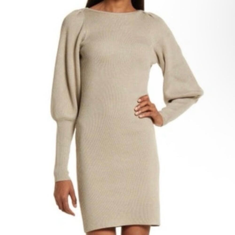 French Connection Tan Joss Ribbed Sweater Dress with Balloon Sleeve Size Small